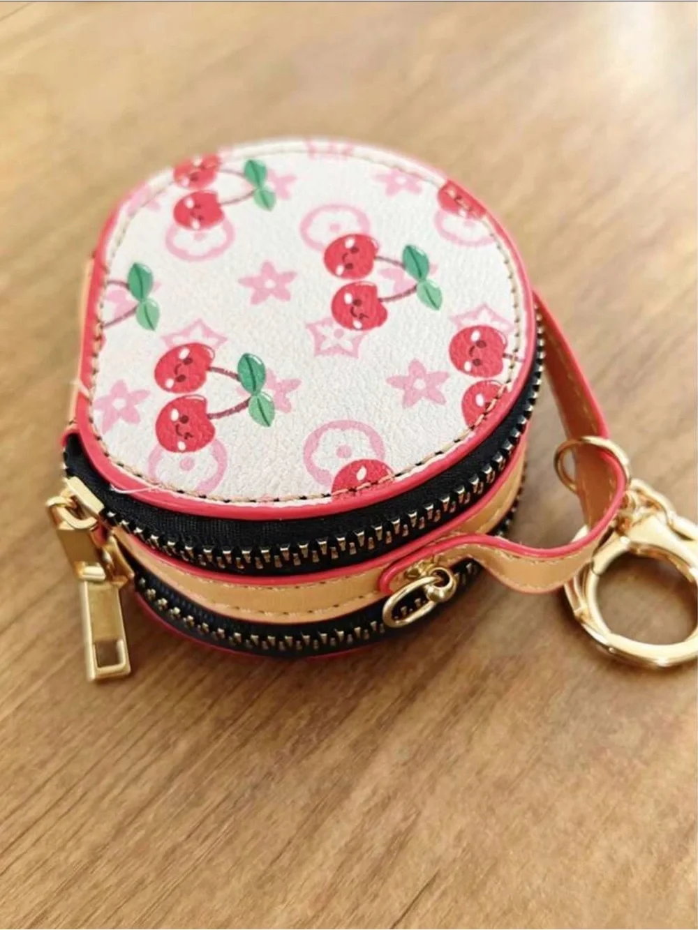 Round Cherry Print Crossbody Coin Purse with Gold Chain (Keychain/bag charm)